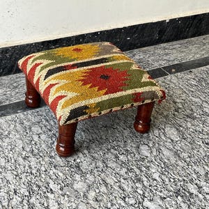 Handcrafted Acacia Wood Ottoman: Kilim Upholstered Footstool
