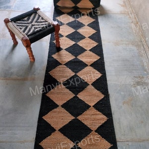 Black and Natural Diamond jute runner, sisal jute carpet, jute carpet lounge, jute carpet living room decor, jute carpet black,