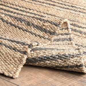 Natural with black striped hemp jute rugs-large area hemp jute rugs Boho Natural Jute Rug, Stripe Area Rug, Bohemian Rug, Custom Size Rug, image 4