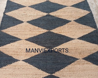 Hand Loomed Black Jute Rug,Natural Diamond Hemp Area Rug, Stair Jute Runner, Kitchen Jute Runner, Natural Jute Hemp Runner Custom Size
