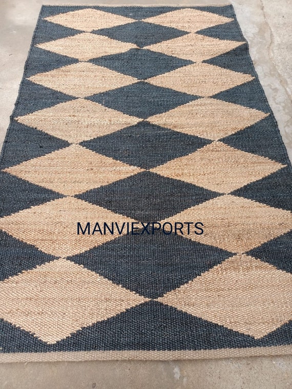 Hand Loomed Black Jute Rug,Natural Diamond Hemp Area Rug, Stair Jute Runner, Kitchen Jute Runner, Natural Jute Hemp Runner Custom Size
