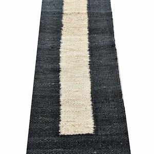 Handmade Black And White Hemp Jute Runner-Black Jute Runner-Stairway Jute Rugs-Large Area Hemp Jute Runner-Kitchen Area Rugs-2 x 8 feet