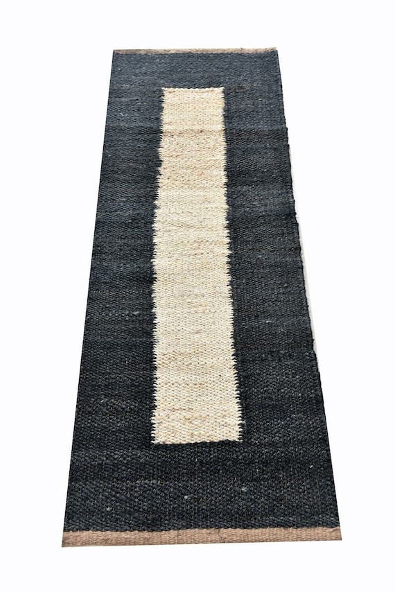 Handmade Black and White Jute Runner: Hemp Stair Rug, 2x8 ft