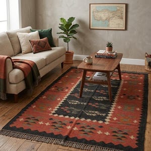 Handmade Black Flower Kilim Jute Rugs, Large Area Leaf Kilim Jute Rug, Kilim Area Underbed Rugs-Red kilim rug living room-kilim rug underbed