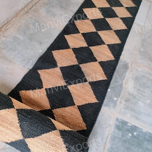 2 x 20 ft Black and Natural Diamond jute runner, sisal jute carpet, jute carpet lounge, jute carpet living room decor, jute carpet black,