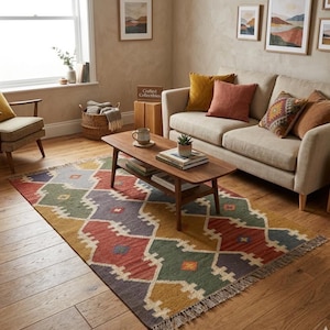 Alfombra de yute tejida a mano: diseño geométrico tribal en gris, naranja y negro.