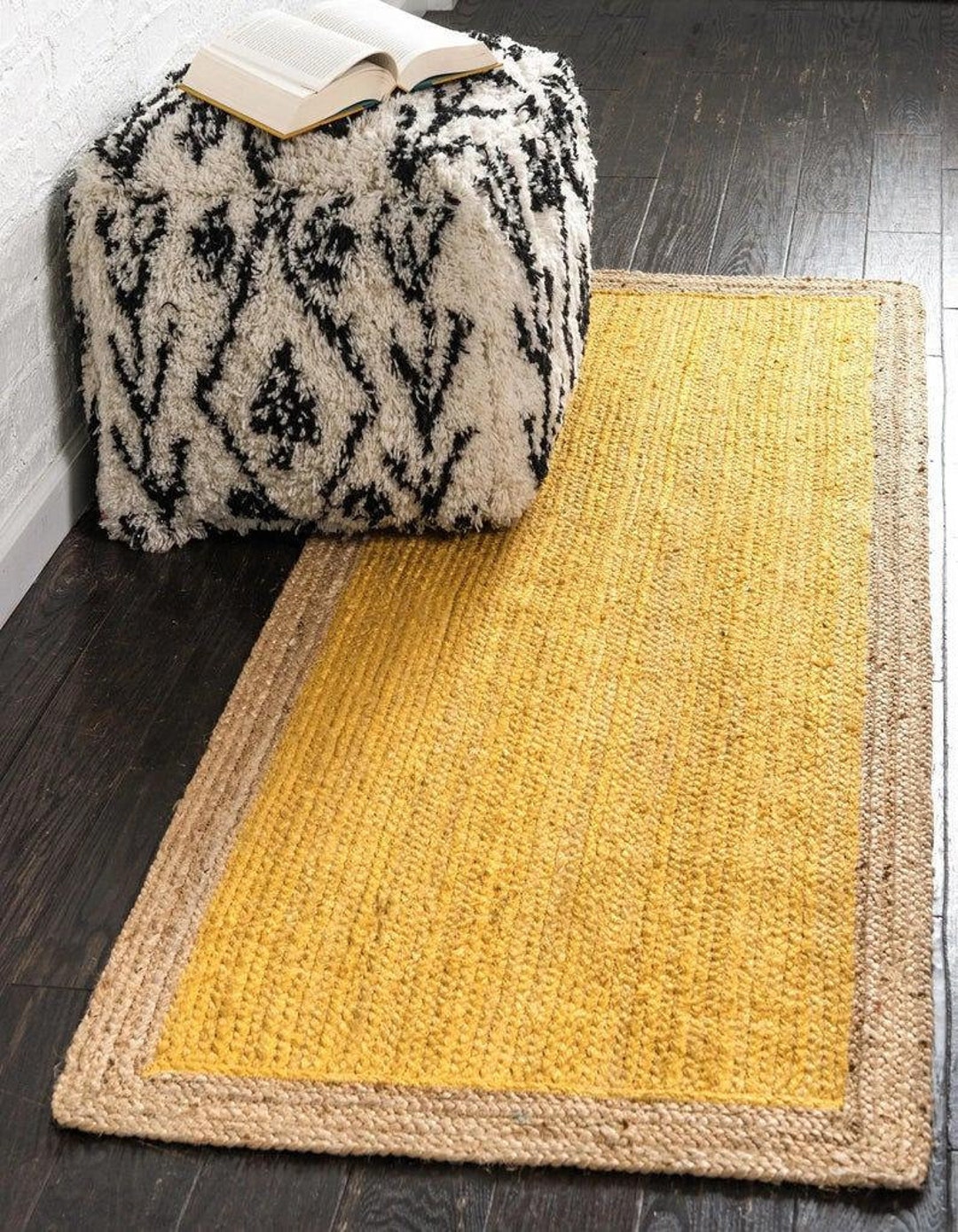 Handwoven Yellow Beige Jute Runner Rug Bohemian Decorhallway Etsy