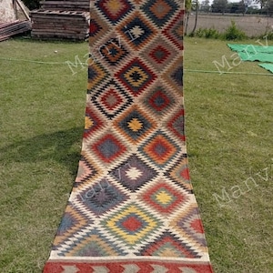 2 x 8, 2 x 10, 2 x 15 Jute-Wool Handwoven Kilim Runner Dhurrie Rug, Handmade, Kelim, Indian, Oriental, Traditional, Custom, Fabric