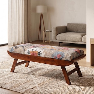 Banco Kilim hecho a mano, banco tapizado con alfombra turca, banco otomano para mesa de centro, asiento de entrada estilo bohemio, reposapiés con estampado azteca, decoración del hogar