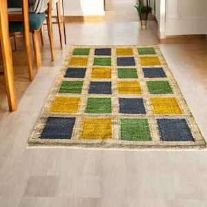 Handmade Hamp Area Jute Rug, Color Full Boho Chacked Hamp Rug, Hemp Jute Rug, Jute Bed Side Rug, Jute Area Runner, Traditional Jute Rug