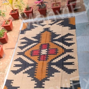 handloomed jute kilim rug,Rustic and Chic Home Decor, Bohemian Kilim Area Rug, Colorful Kilim Runner Rug, Geometric Kilim Accent Rug