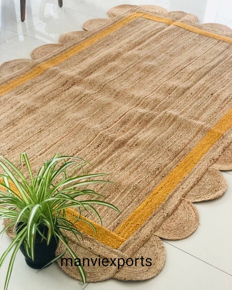 Scalloped Jute Rug Yellow and Red Border Jute Rugs Handmade Etsy