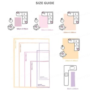 Puede incluir: Una gu&iacute;a de tallas para alfombras de diferentes tama&ntilde;os y formas. La gu&iacute;a muestra c&oacute;mo las alfombras encajar&iacute;an en una sala de estar con un sof&aacute; seccional. Los tama&ntilde;os son 120cm x 170cm, 160cm x 230cm, 200cm x 290cm, 240cm x 340cm y 60cm x 240cm.