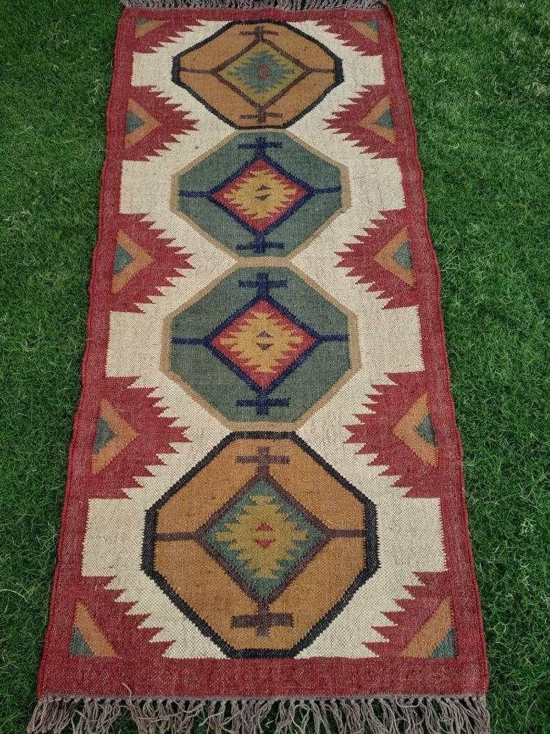 Kilim rug 4x12 Eco Friendly Earthy Bohemian Colorful eye-catching Runner Rug Living Room Bedside Runner 3x12 8x10 ft  Wool Jute 3x10