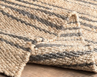 2x7, 2x9, 2x18, 2x20 Ft Sebeka Striped Handmade Tufted Jute/Sisal Beige/Black Area Rug hemp Jute Runner Rug hand loomed Rug