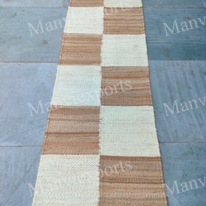 handmade white with beige checked hemp jute runner-jute runner-large area jute runner-kitchen jute runner-hallway jute runner-jute rugs
