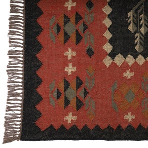 Handmade Black Flower Kilim Jute Rugs, Large Area Leaf Kilim Jute Rug, Kilim Area Underbed Rugs-Red kilim rug living room-kilim rug underbed