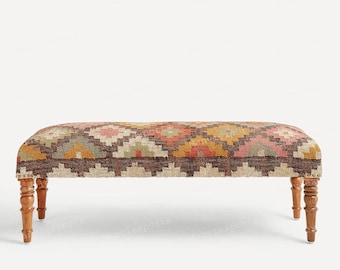 Banco Kilim de lana hecho a mano - Banco de entrada de madera con patas cónicas, banco de alfombra Kilim, banco de cabecera, banco de ventana delantera, banco de decoración del hogar bohemio,