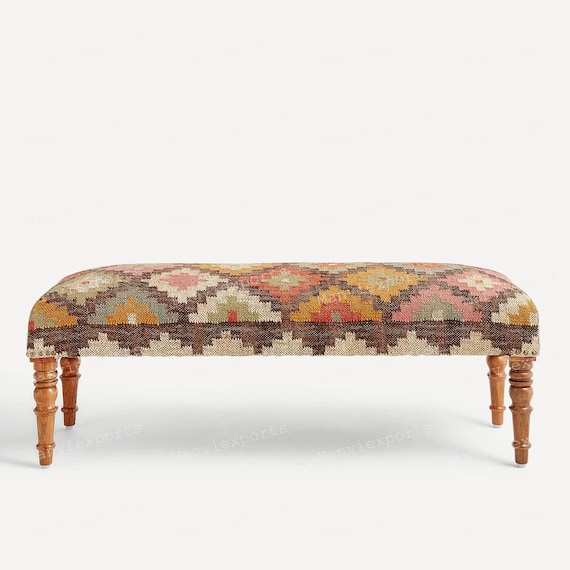Handmade Wool Kilim Bench- Wood Entryway Bench with Tapered Legs, Kilim rug bench,Bed end bench, Front window bench, Boho home decor bench,