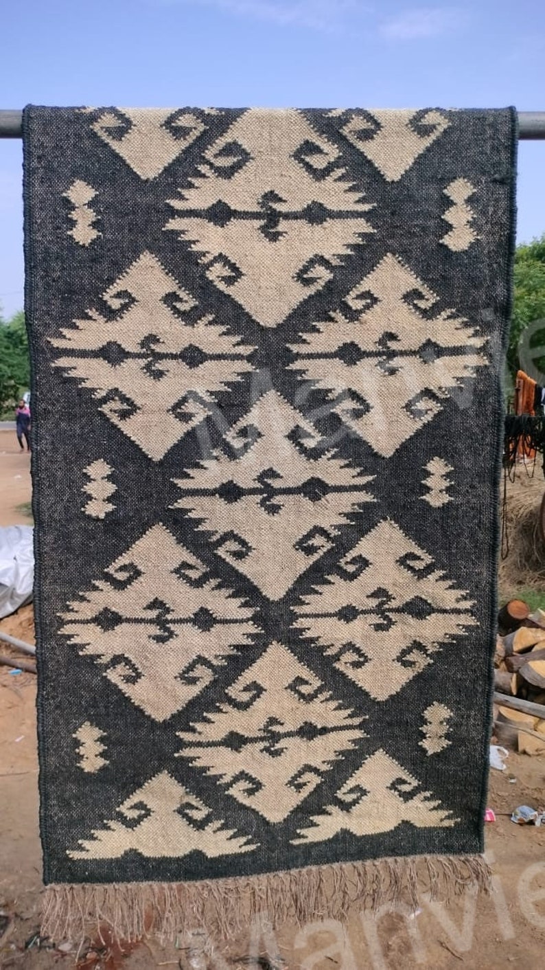 Handwoven Black/Natural with white jute kilim shops runner-