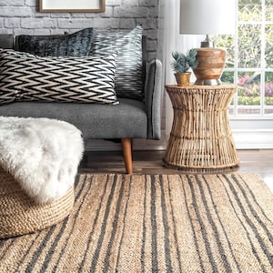 Natural with black striped hemp jute rugs-large area hemp jute rugs Boho Natural Jute Rug, Stripe Area Rug, Bohemian Rug, Custom Size Rug, image 2