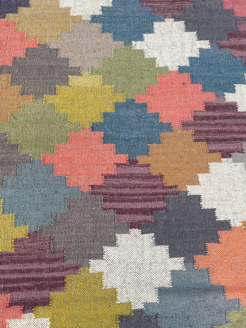 手織りマルチカラーウールジュートキリムラグ：グリーンボーダー