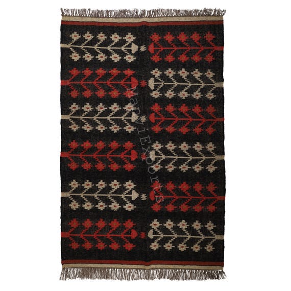 手織りウールジュートラグ：幾何学模様のキリムスタイル、インドの床