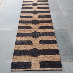 Alfombra de yute tejida a mano con rayas negras, Dhurrie de tejido plano, tamaño personalizado