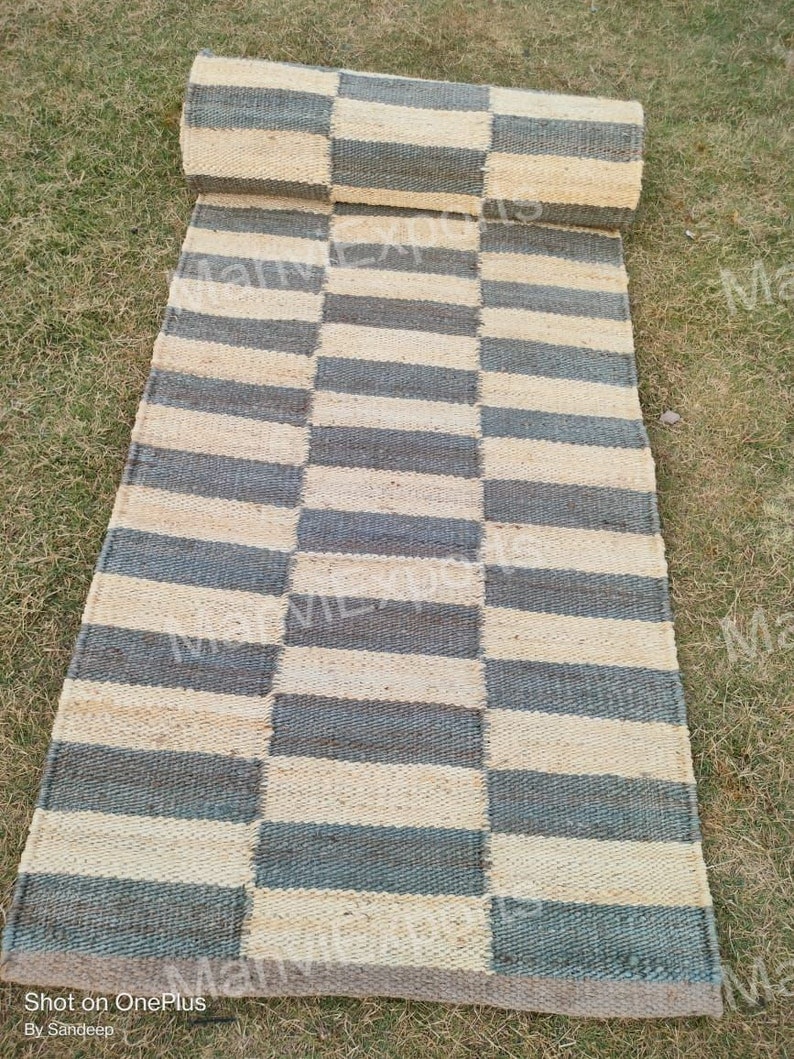 2.5x5, 2.5x20, 4x6, 5x8 Ft Sky Blue White Hemp Jute Rugs, Striped Jute