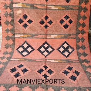 Handmade woven bricks Red Jute kilim rug-large orange kilim rug-Jute Kilim for living room-Black diamond jute kilim-Red and black kilim rug