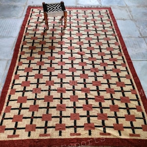 Handmade Kilim Red Jute Rugs-Hand knotted Rug 8X10, Boho Decor Rug,Vintage Wool Rug, Vintage Floor Rug, Geometric Rugs, Indian Handwoven Rug