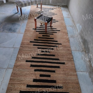 Handmade black Striped Jute Runner- boho home decor rugs jute, jute carpet living room area rug, extra large jute rug, jute rug front porch