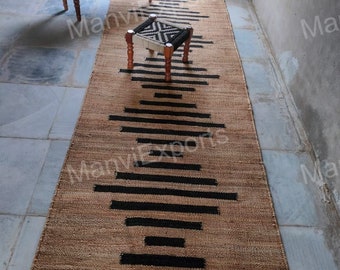 Alfombra de yute a rayas negras hecha a mano: alfombras de yute para decoración del hogar estilo bohemio, alfombra de yute para sala de estar, alfombra de yute extragrande, alfombra de yute para porche delantero.