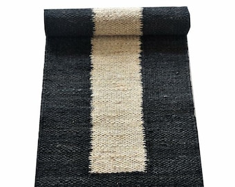 Handmade Black And White Hemp Jute Runner-Black Jute Runner-Stairway Jute Rugs-Large Area Hemp Jute Runner-Kitchen Area Rugs-2 x 8 feet