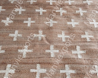 Handwoven Jute Rug,Black & White Cross Design, White Cross Pattern, Boho Farmhouse Decor 9x12, 10x14 ,12x15 Large Area Natural Hemp Jute Rug