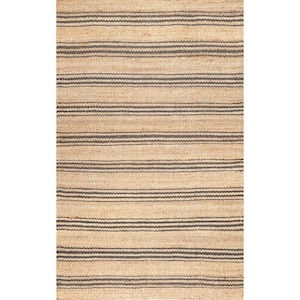 May include: A natural fiber rug with a striped pattern in beige and black. The rug is made of jute and has a woven texture.