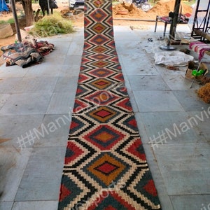 Handwoven Wool Jute Kilim Runner Rug: Vintage Indian Boho Decor