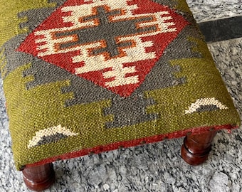 Kilim Upholstered Acacia Wood Stool: Handmade Ottoman Pouf