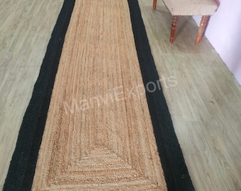 Hemp natural black jute runner - hallway jute runner -long jute runner -large size jute runner-Black border braided jute runner (2 x 12feet)