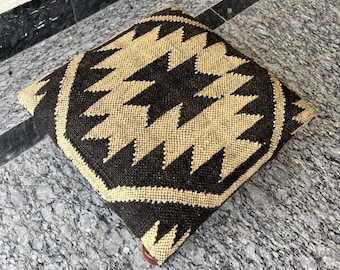 Handmade Kilim Ottoman Footstool: Boho Wooden Accent Bench