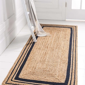 Handwoven black/White/blue border with natural jute runner-braided jute rugs-natural area jute rugs-braided jute runner-runner rugs