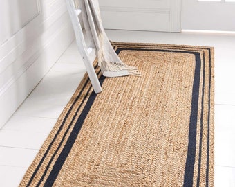 Handwoven black/White/blue border with natural jute runner-braided jute rugs-natural area jute rugs-braided jute runner-runner rugs