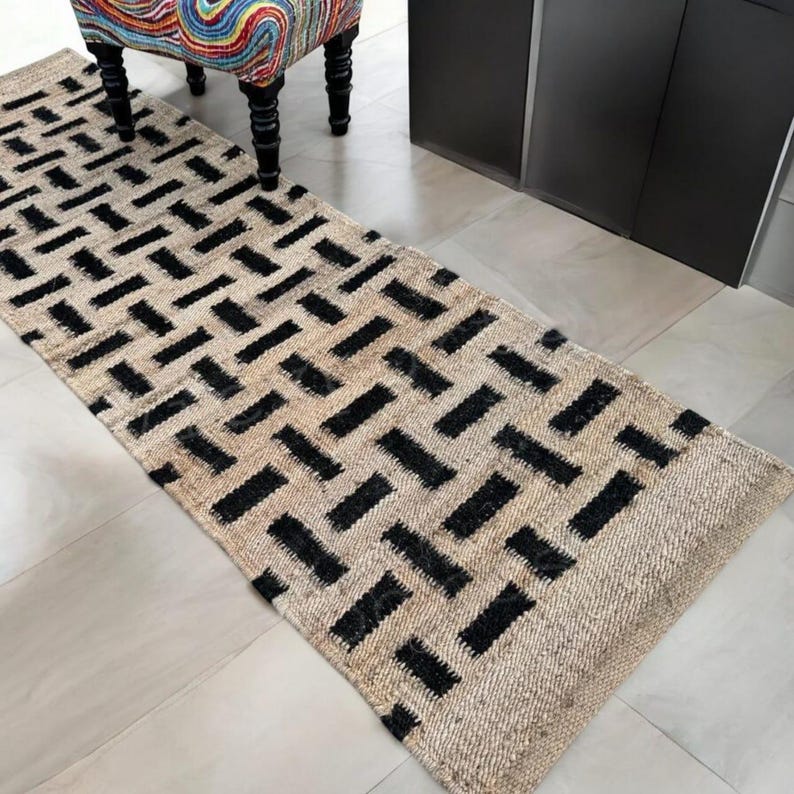 Handmade Black Line Jute Runner, Custom Size Rug, Hallway Runner, Boho ...