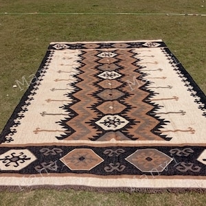 handwoven Jute Kilim Rug For living Room-extra large area rug black and white Kilim Rug-Traditional Bedside Handmade Area Kitchen kilim Rugs