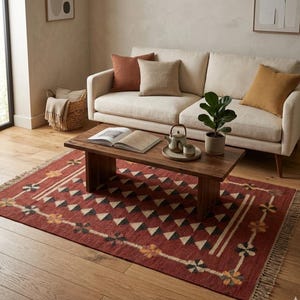 6X9, 8X10 Ft Handwoven Wool Jute Kilim Rug - Handmade Wool and Jute Kilim Dhurrie Rug | Geometric Boho Area Rug | Traditional Indian Design