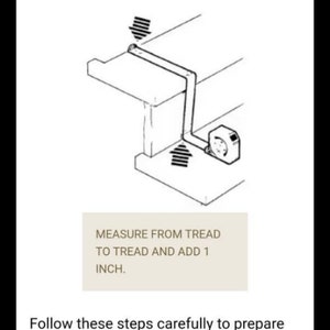 May include: An illustration showing how to prepare a stairway for carpet installation. The image includes a diagram of a stair step with arrows indicating measurement points and a tape measure. Text reads: "Measure from tread to tread and add 1 inch."