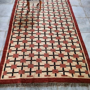 Handmade Kilim Red Jute Rugs-Hand knotted Rug 8X10, Boho Decor Rug,Vintage Wool Rug, Vintage Floor Rug, Geometric Rugs, Indian Handwoven Rug