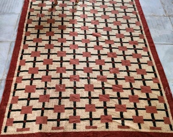 Handmade Kilim Red Jute Rugs-Hand knotted Rug 8X10, Boho Decor Rug,Vintage Wool Rug, Vintage Floor Rug, Geometric Rugs, Indian Handwoven Rug