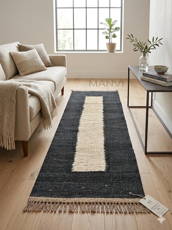Handmade Black And White Hemp Jute Runner-Black Jute Runner-Stairway Jute Rugs-Large Area Hemp Jute Runner-Kitchen Area Rugs-2 x 8 feet