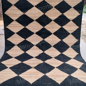 Handmade Black With Natural Hemp Jute Rungs-Extra Large Jute Rugs-black Jute Rugs-Checkered Rug, Large Area Hemp Rug For Hallway Rug,